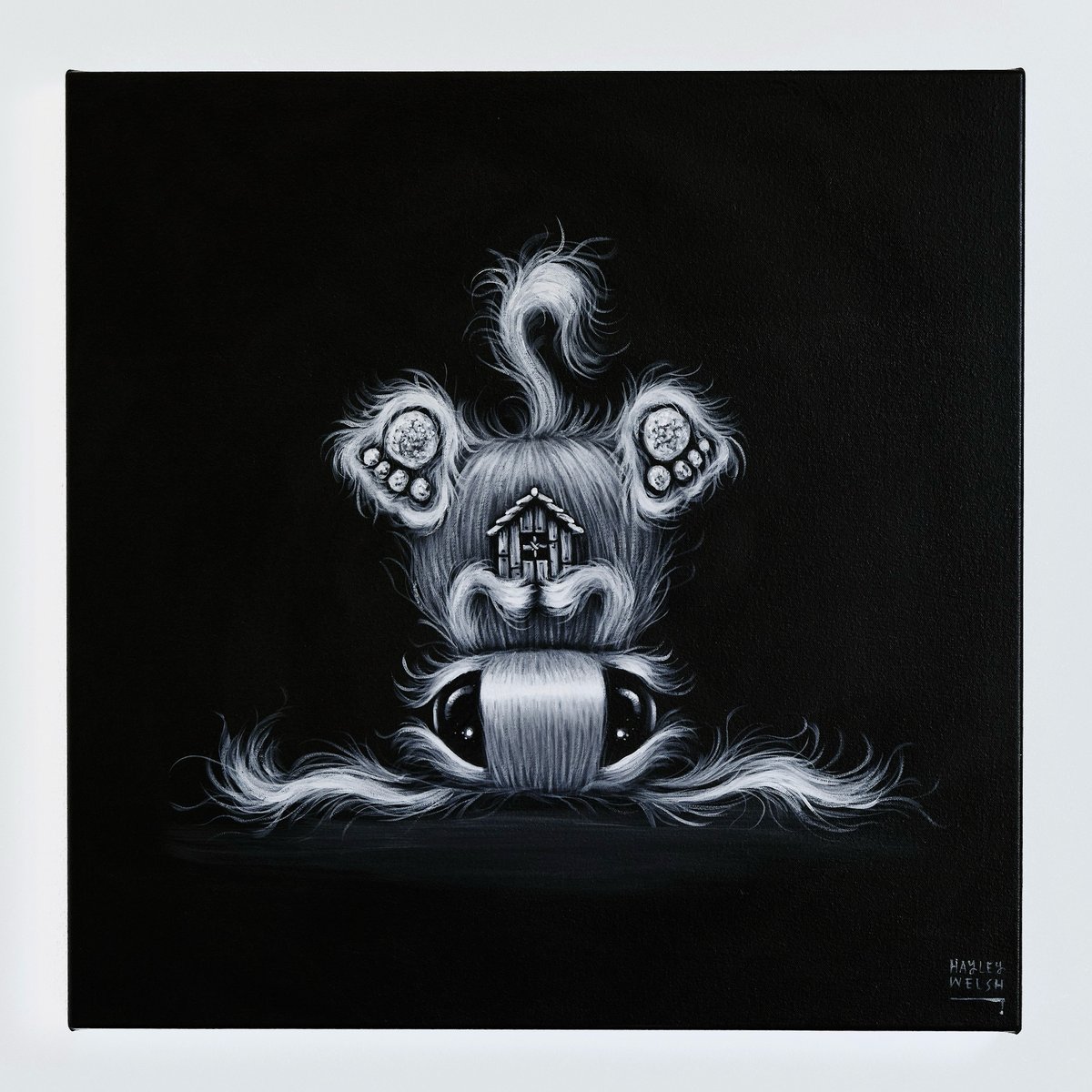 Hayley Welsh, Promise: a white-haired creature cradles a small house against a black canvas.