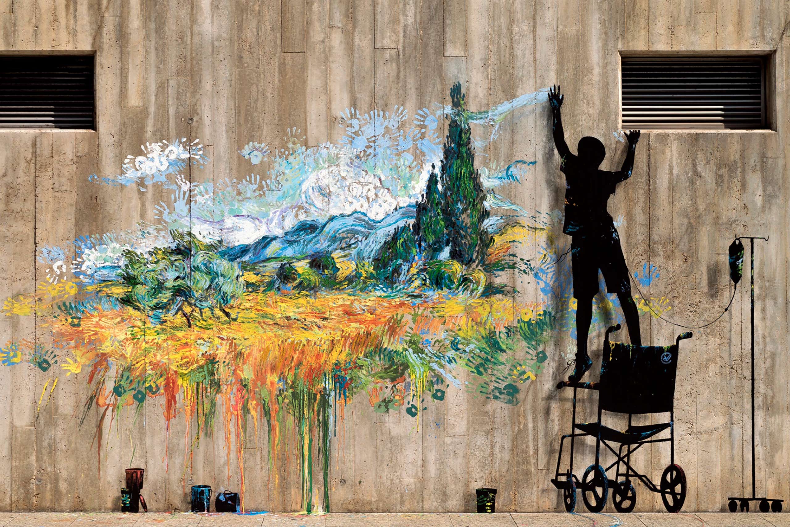 Representative Pejac mural showing a figure rising from a wheelchair beside a handprint landscape