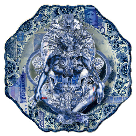 Handiedan, Vector Equilibrium: blue figurative paper collage on an ornate ceramic plate.