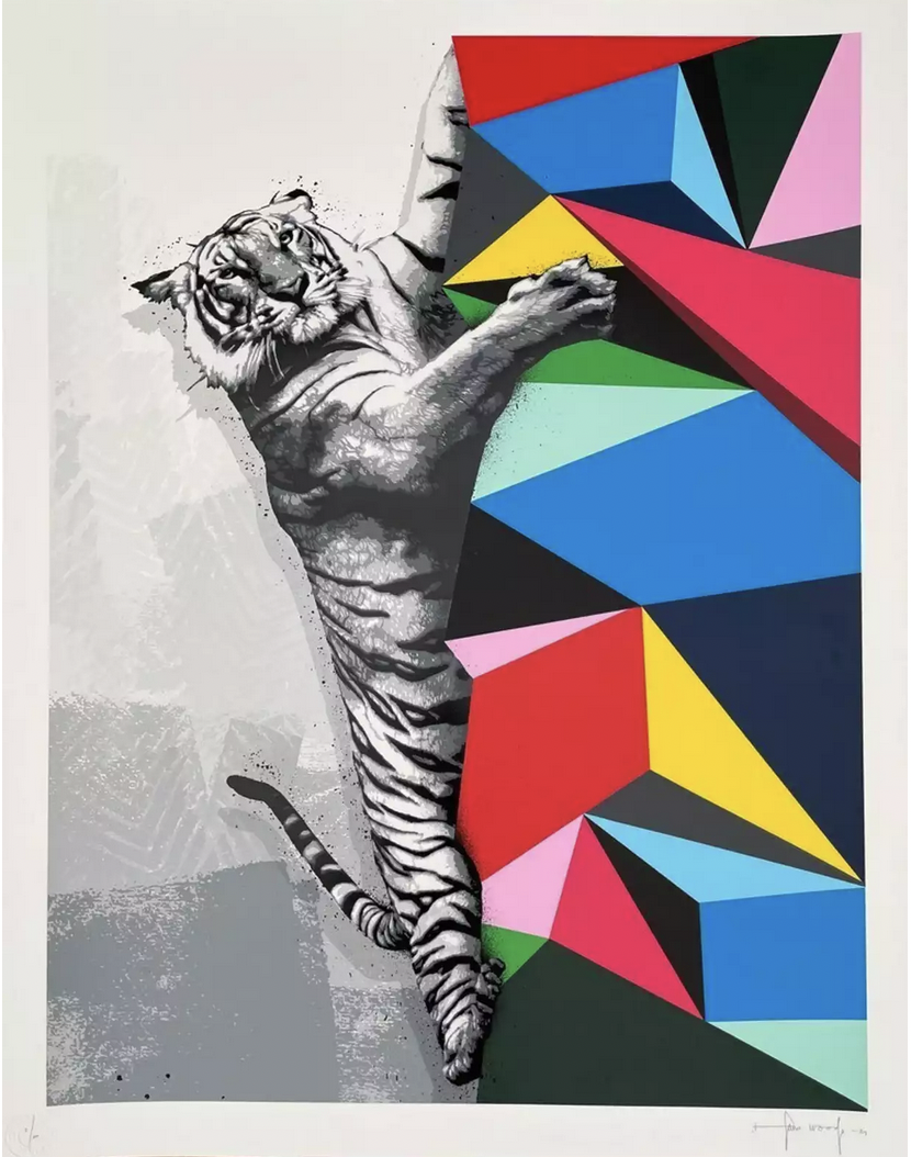 Hama Woods, Climb to Safety—Washed Grey: a white tiger climbs a brightly coloured geometric structure.
