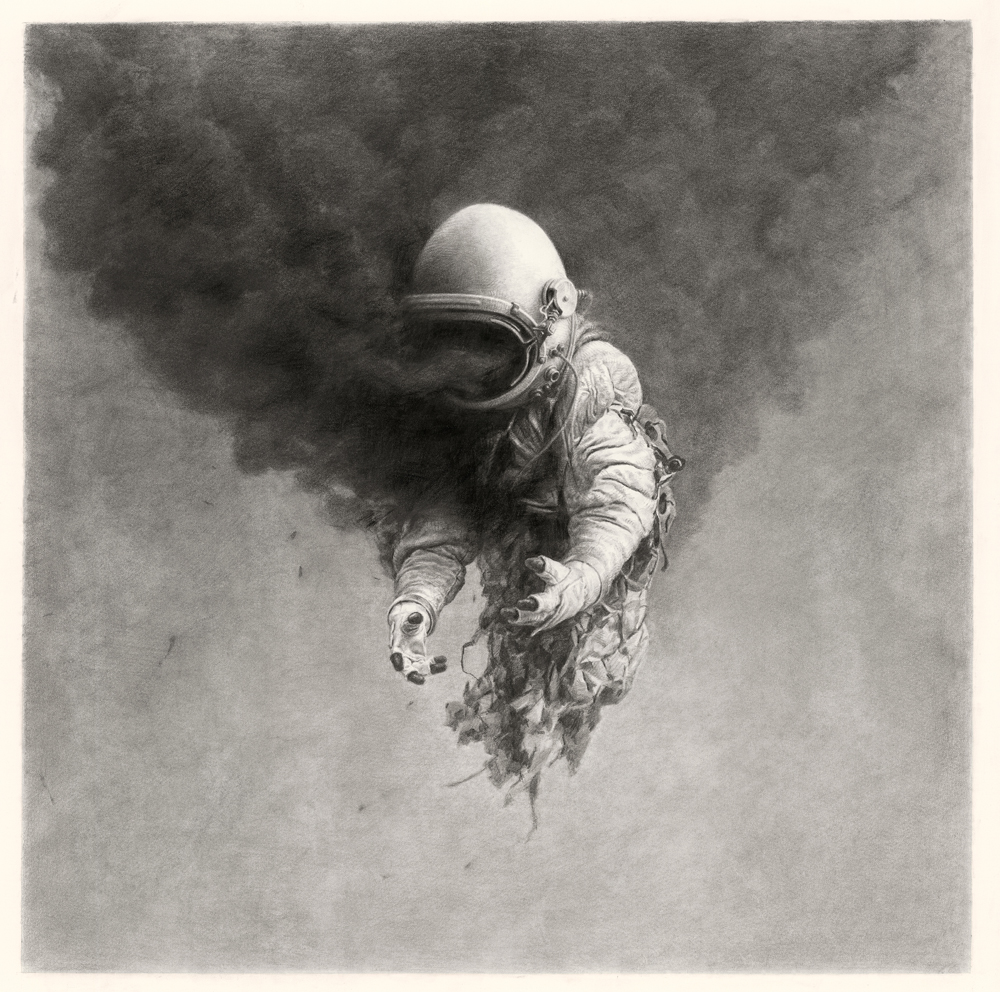 Jeremy Geddes’s monochrome Trajectory image shows a fragmented cosmonaut beneath a plume of smoke.