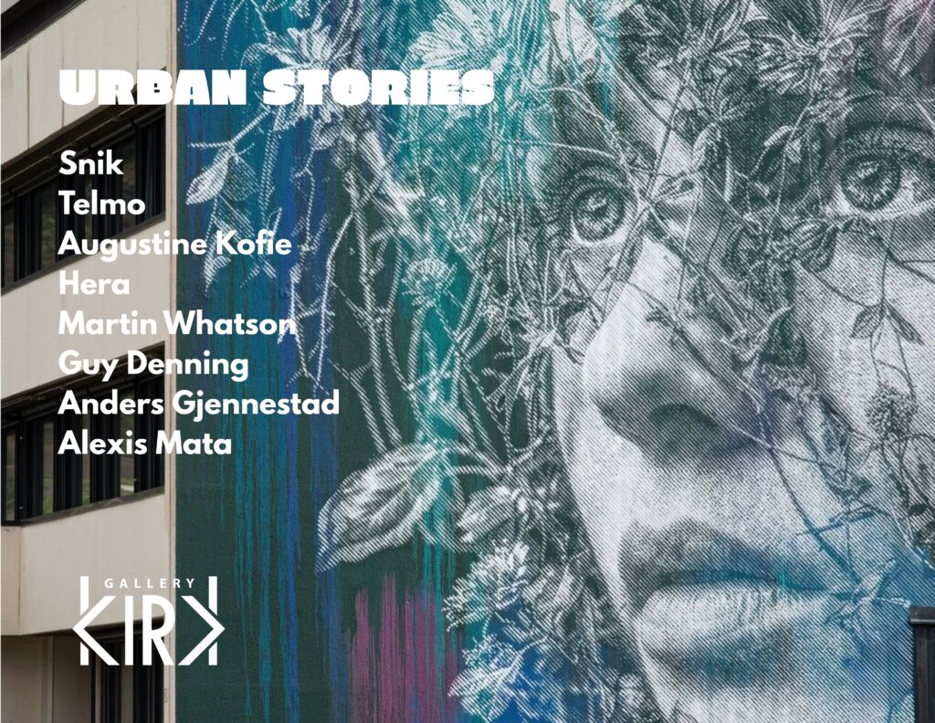 Urban Stories poster listing SNIK, Telmo, Augustine Kofie, Hera, Martin Whatson, Guy Denning, Anders Gjennestad and Alexis Mata over a large blue-toned mural portrait.