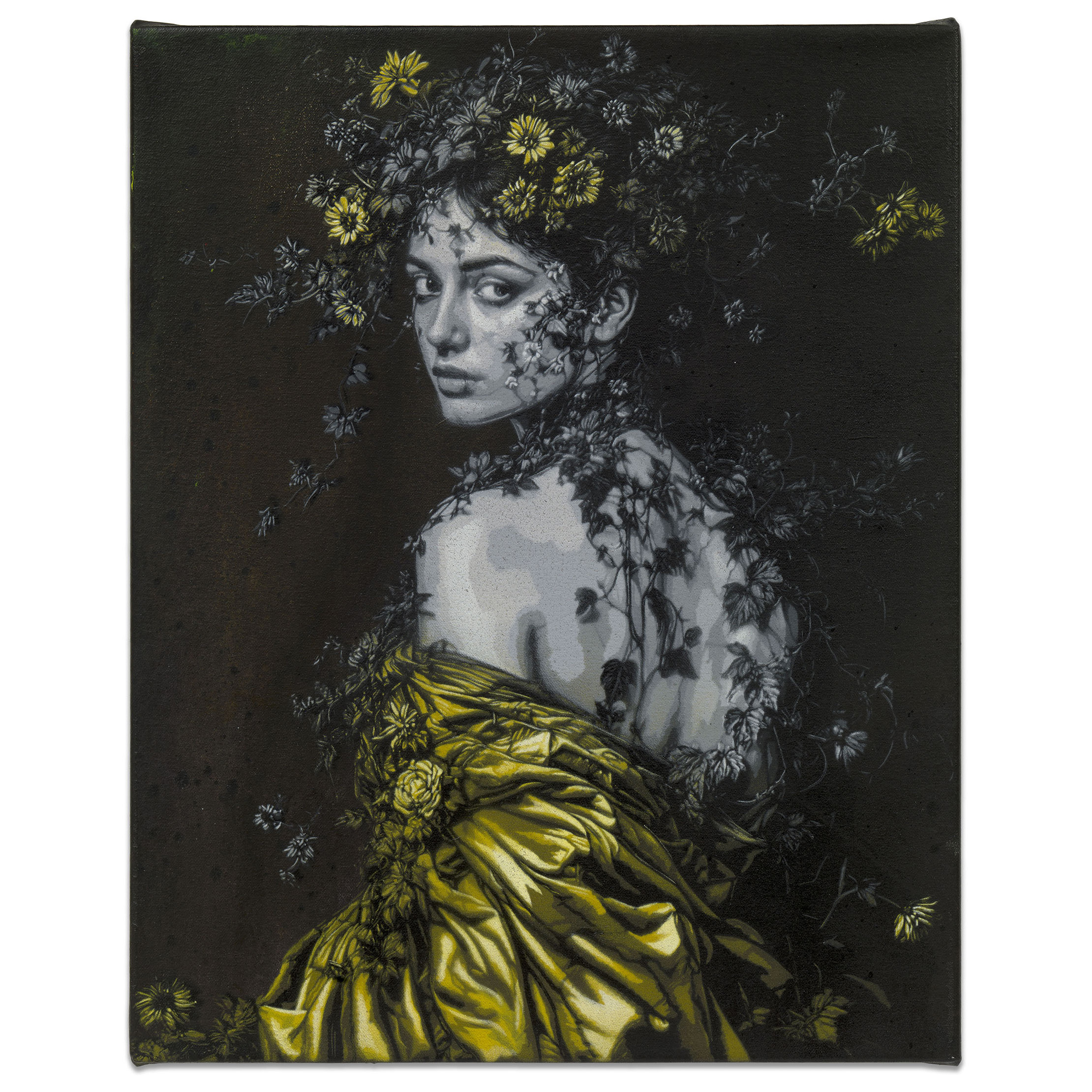 SNIK’s Solitude (Golden Dawn): a grayscale female figure surrounded by trailing plants and yellow flowers, with golden-yellow drapery against a dark background.