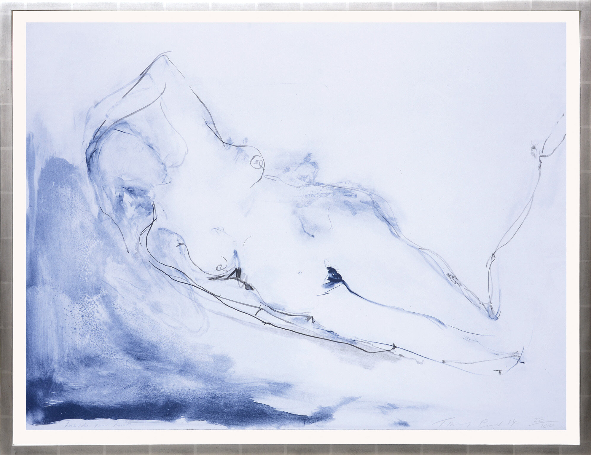 Tracey Emin’s Inside Your Heart: a reclining nude outlined in blue against pale blue washes, shown in a light-coloured frame.