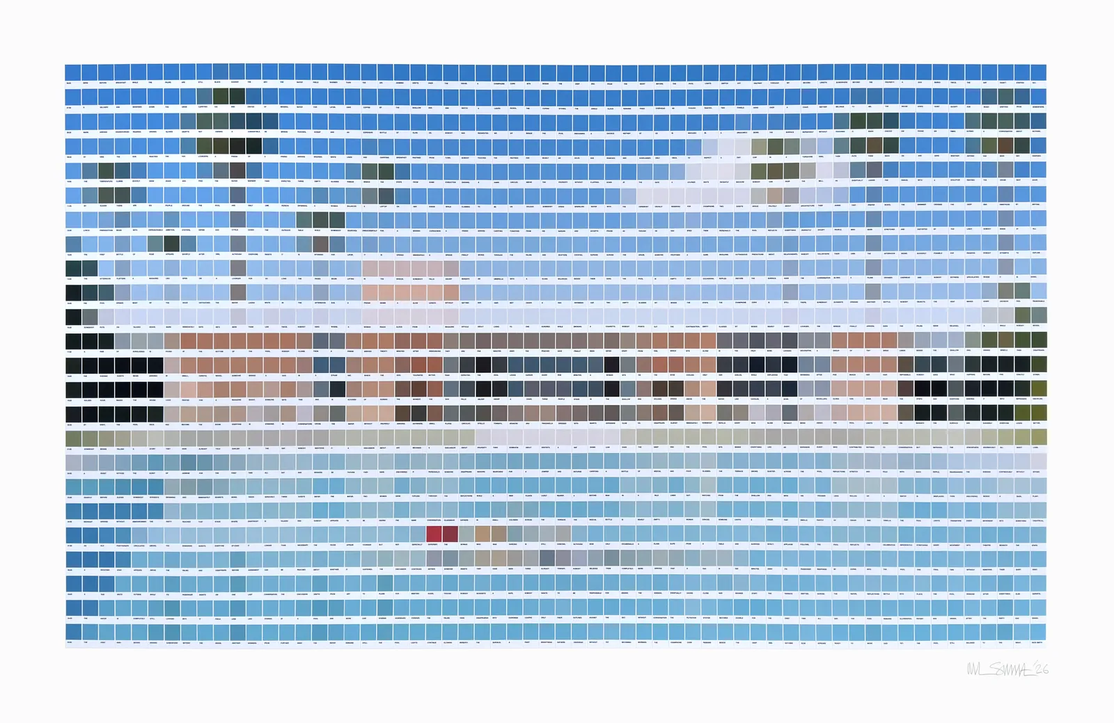 Nick Smith’s June 2nd: blue, grey and muted pink colour chips form a wide swimming-pool scene with text beneath each chip.