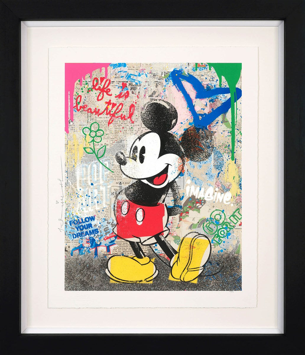 Mickey Mouse against Mr. Brainwash’s graffiti background; Forever Mickey paper edition.