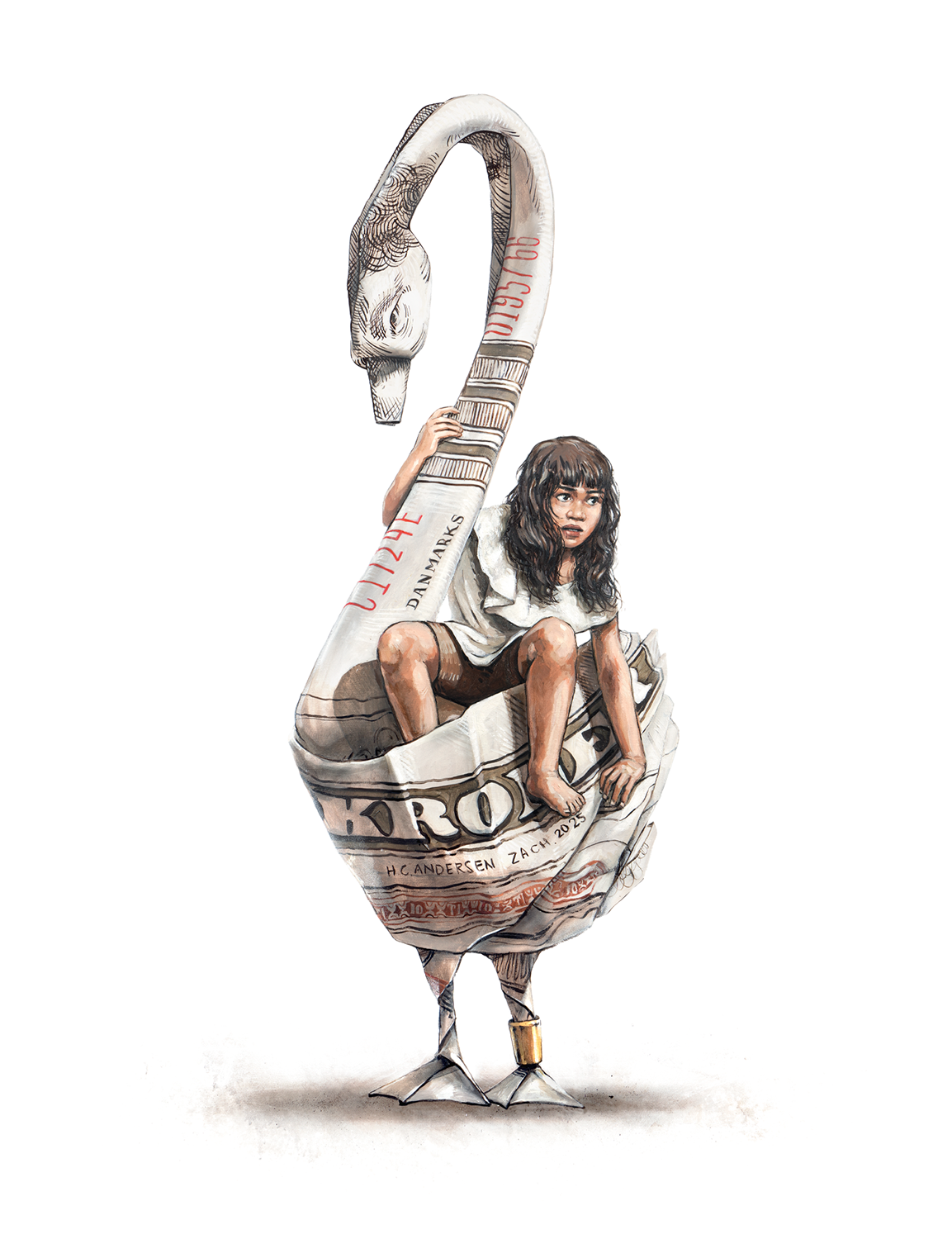Ugly Duckling by Ernest Zacharevic, a child sitting within a folded-banknote swan