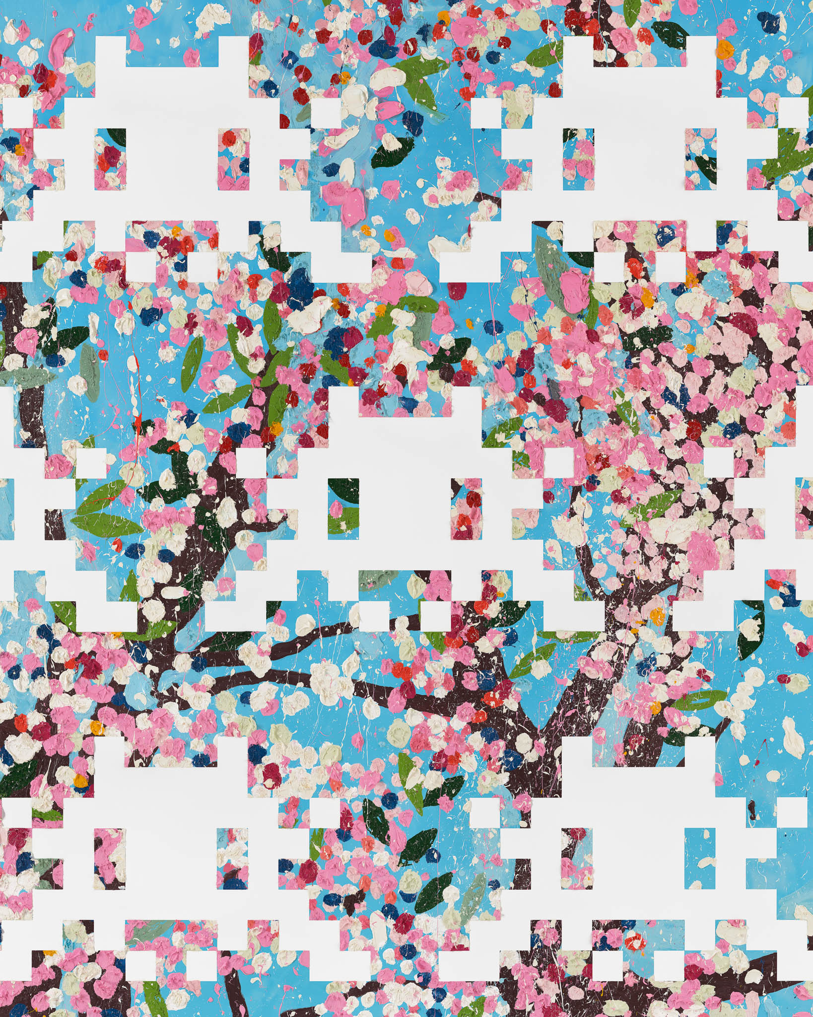 Invaded Blossom TT5-1 by Damien Hirst and Invader: white pixel figures over a blue and pink blossom composition.