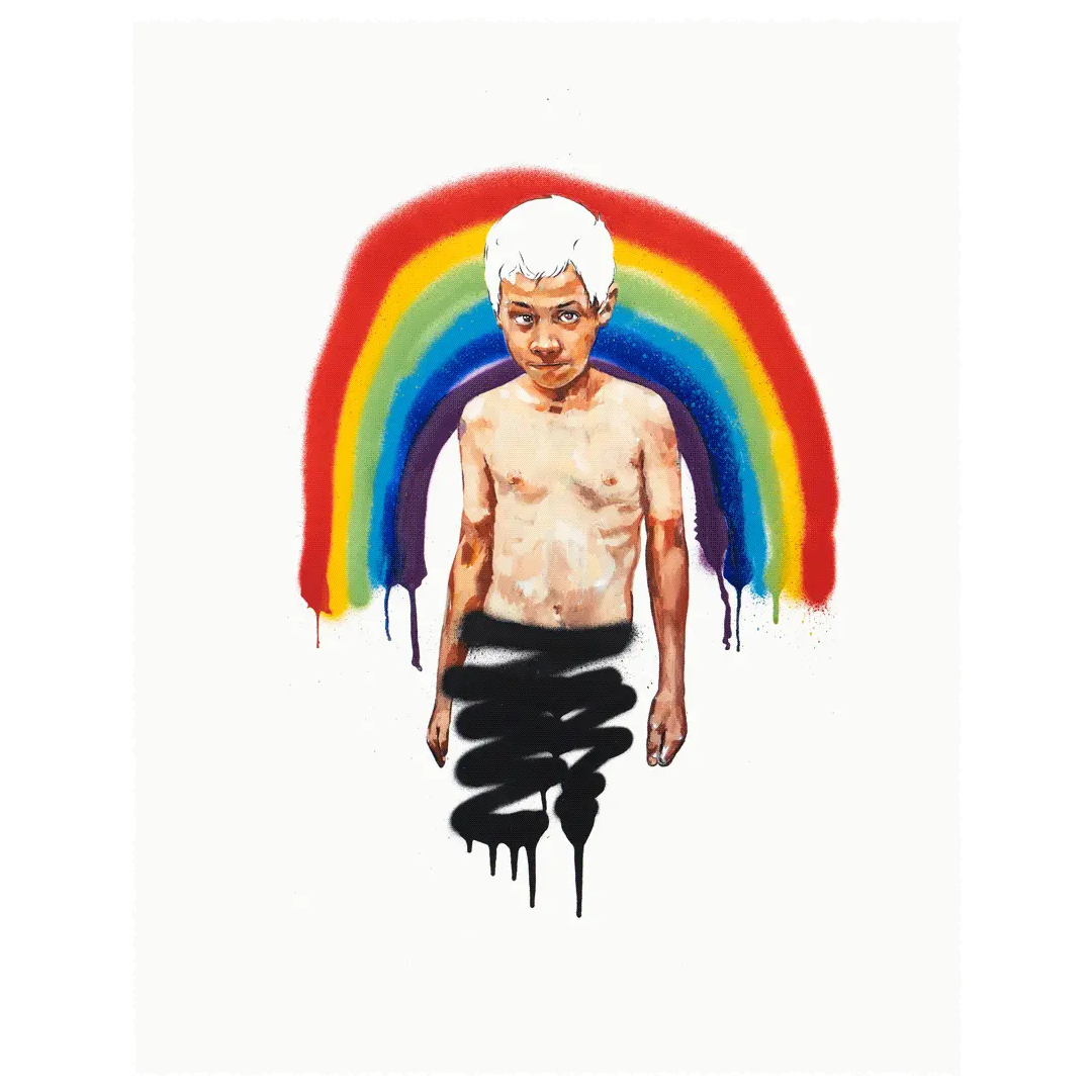 Representative UnHINged main-edition print with a child beneath a painted rainbow