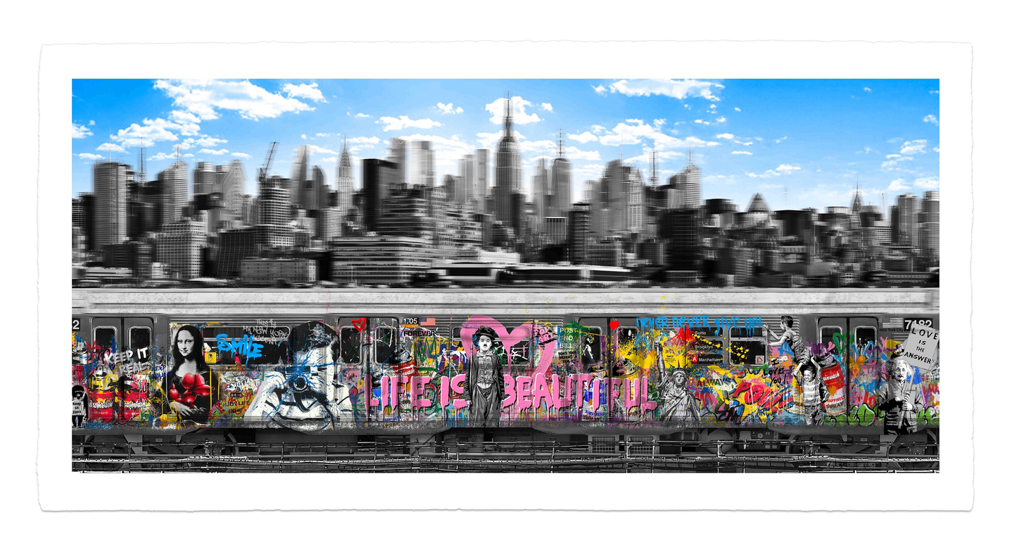 A graffiti-covered subway train below a black-and-white Manhattan skyline and blue sky; New York or Nowhere paper edition.