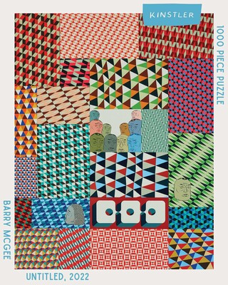 Barry McGee Untitled, 2022 puzzle box with a patchwork of colorful geometric patterns and recurring faces.