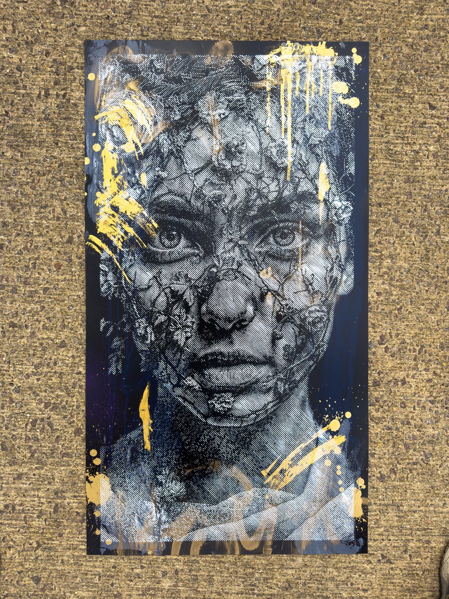 SNIK FLOURISH Gold Leaf: a hand-painted portrait on paper with a textured gold-leaf field and yellow painted accents.