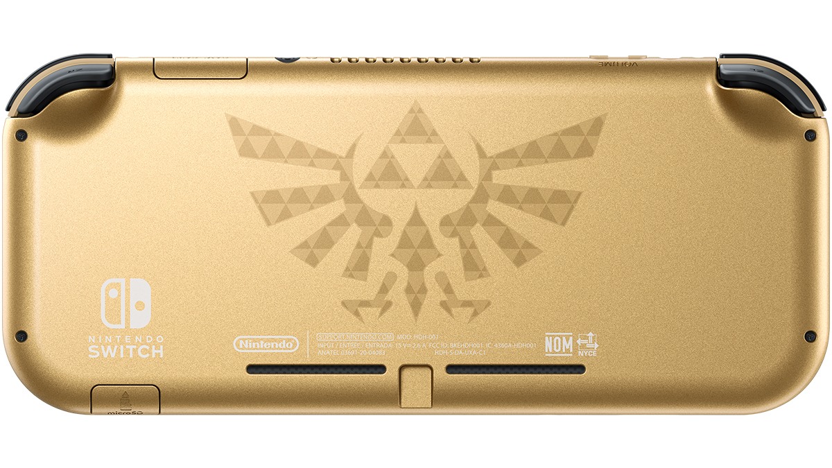 Hyrule Edition Switch Lite, gold rear enclosure with the Hylian Crest