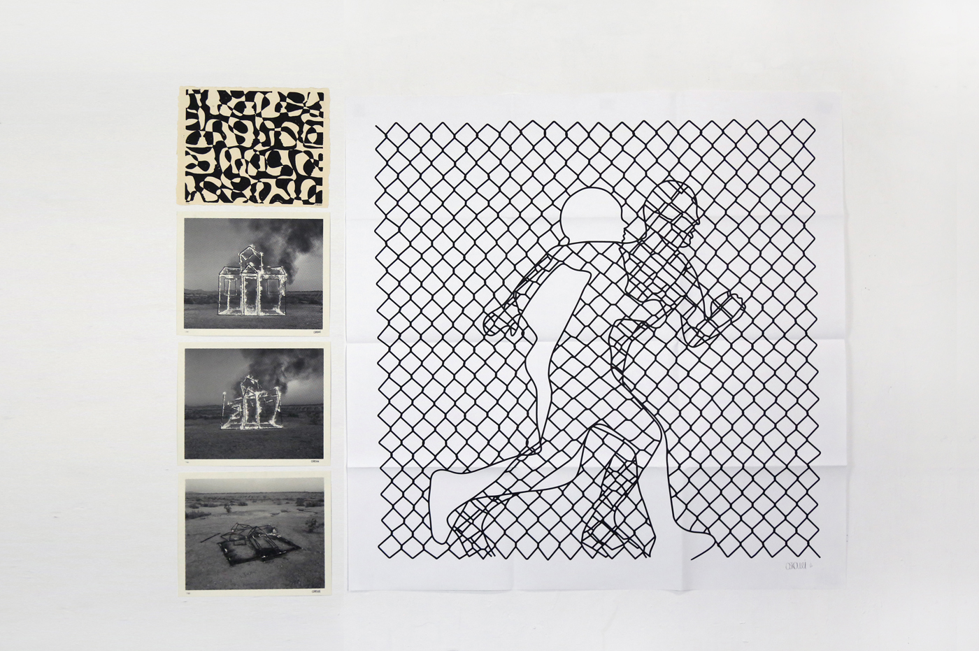 The five prints included in Saman and Sasan Oskouei’s Object / Subject box set: Social Chaos, three Our house is on Fire sheets, and Break Free.