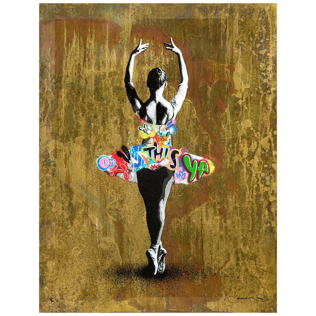 Martin Whatson Poise hand-finished brass: a grayscale dancer with colourful graffiti across her tutu.