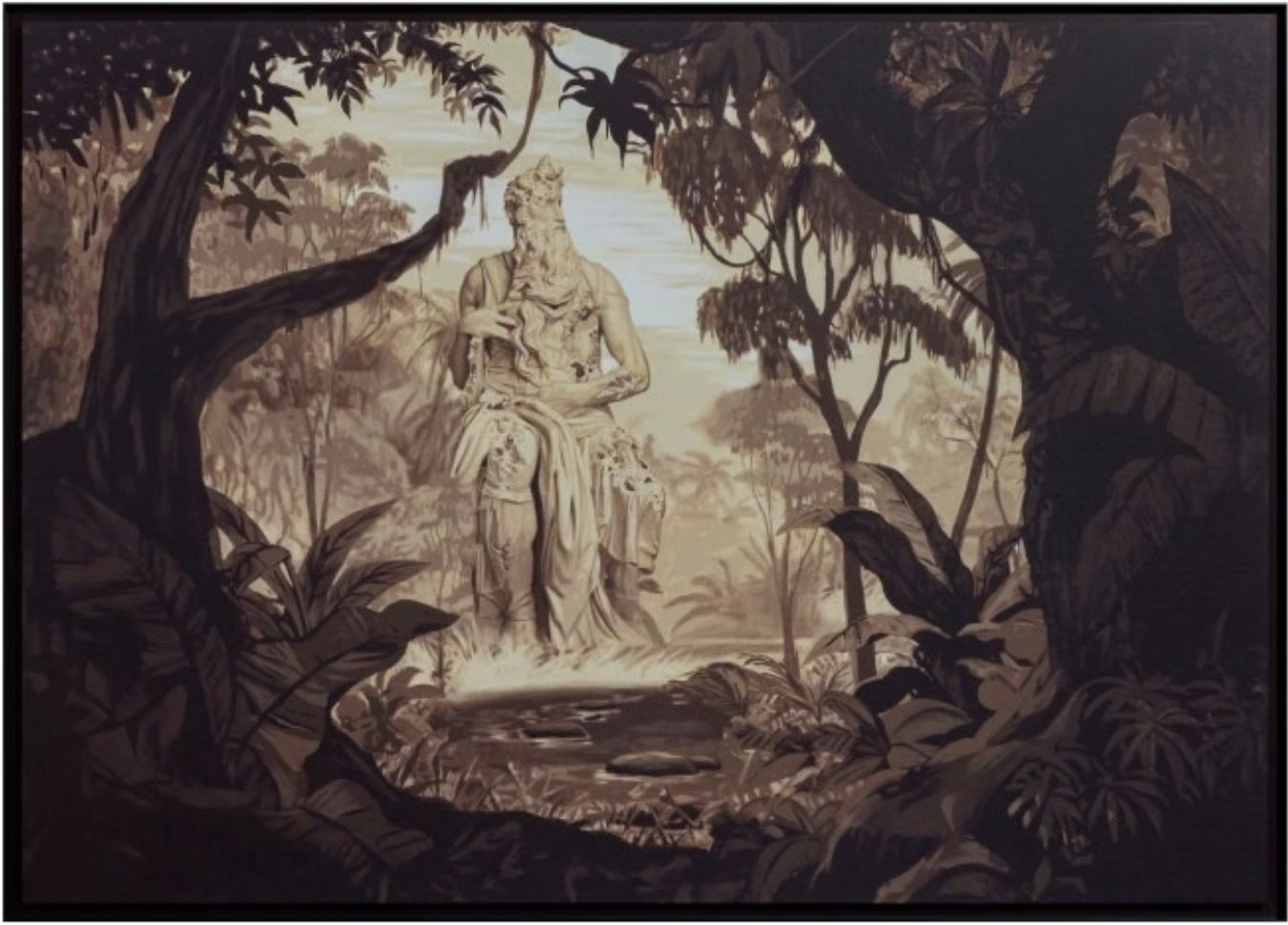 Daniel Arsham Jungle Sculpture, framed landscape of an eroded seated figure in dense vegetation.