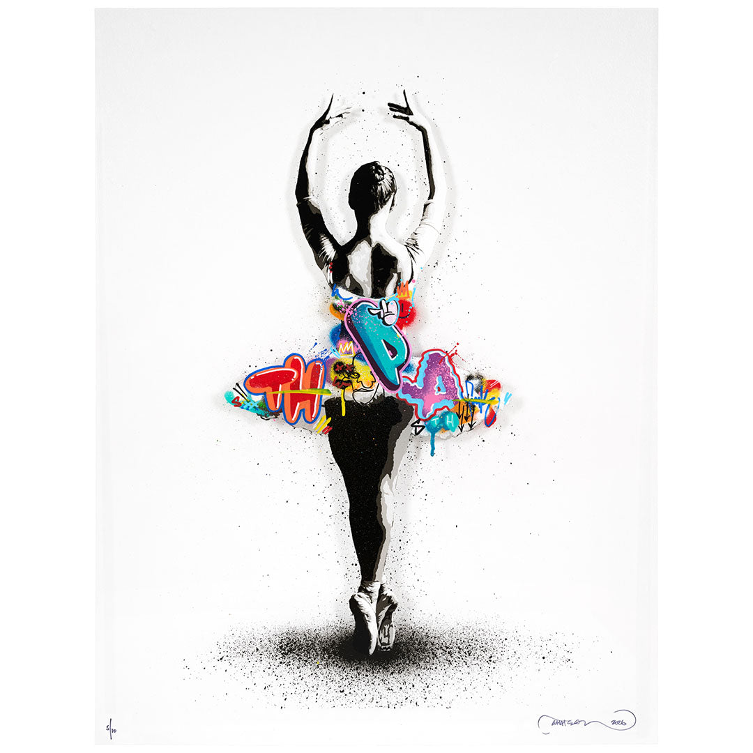 Martin Whatson Poise hand-finished clear acrylic: a grayscale dancer with colourful graffiti across her tutu.