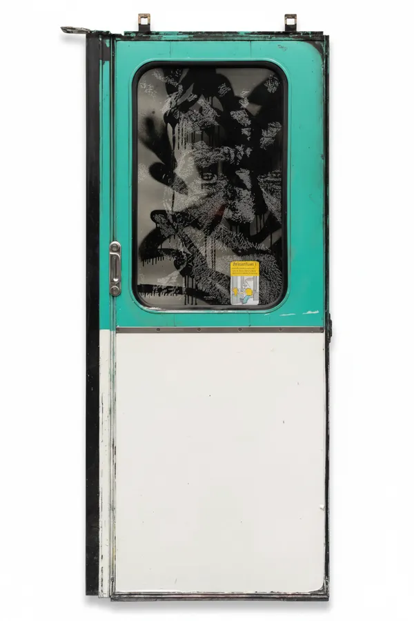 Transit Series #02 (2026) by Vhils: Engraved metro door, spray paint.