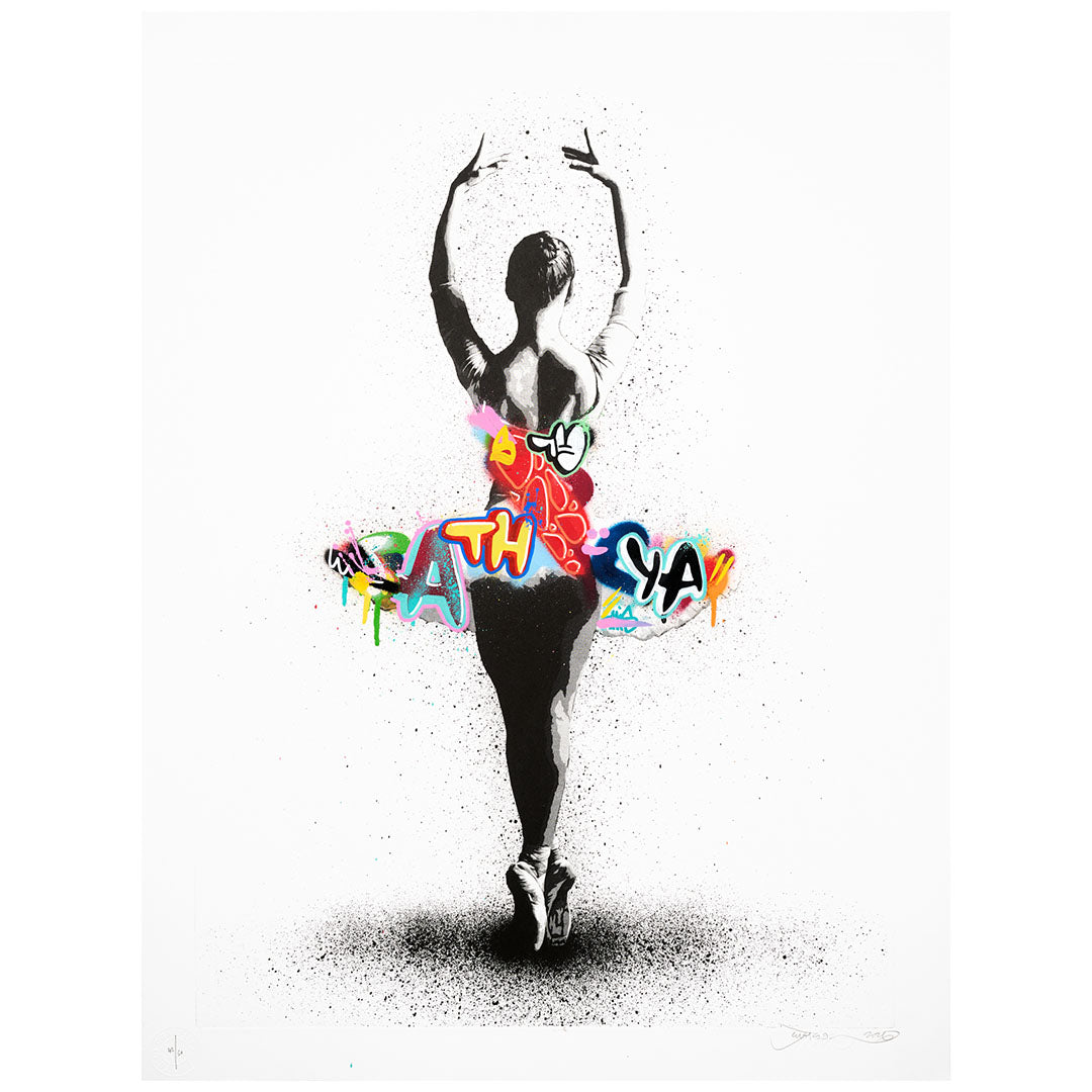 Martin Whatson Poise hand-finished etching: a grayscale dancer with colourful graffiti across her tutu.