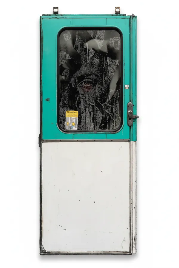 Transit Series #01 (2026) by Vhils: Engraved metro door, spray paint.