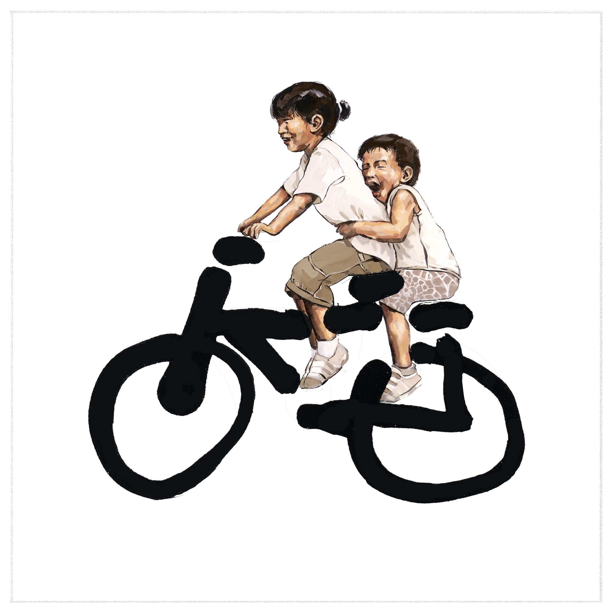 Two children seated on a boldly drawn black bicycle, the official image for Ernest Zacharevic’s Down Cycle mini print.