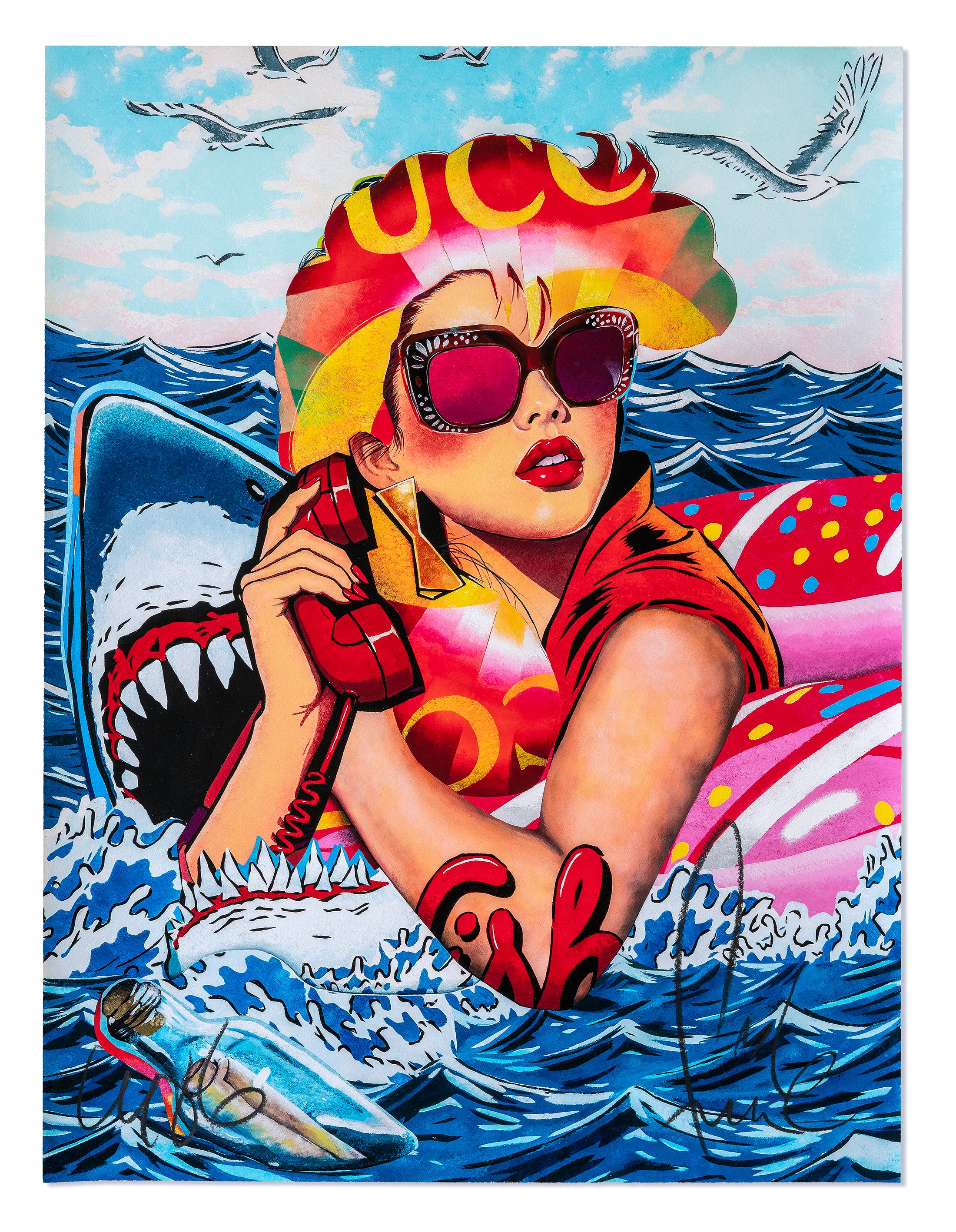 FAILE Alife Line, showing a woman with sunglasses holding a red telephone receiver amid waves, a shark and gulls.
