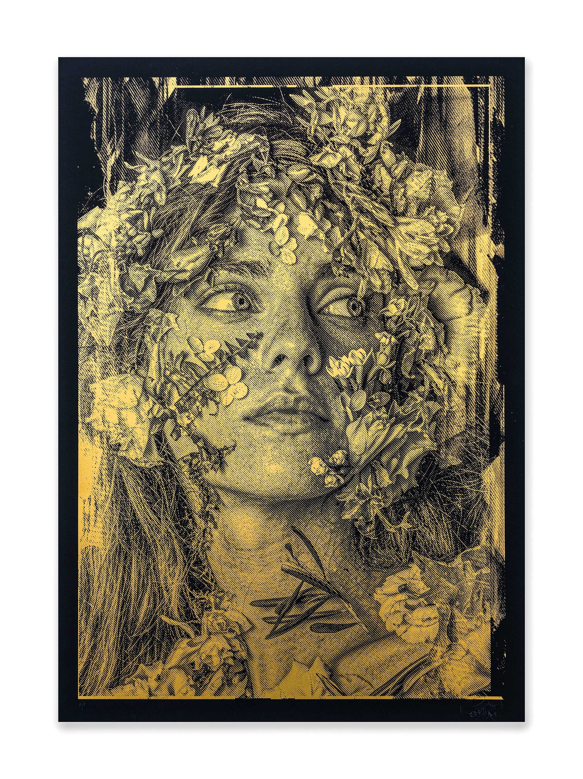 SNIK’s OVERCOME Gold metallic-ink screenprint, showing a floral portrait in gold on dark paper.
