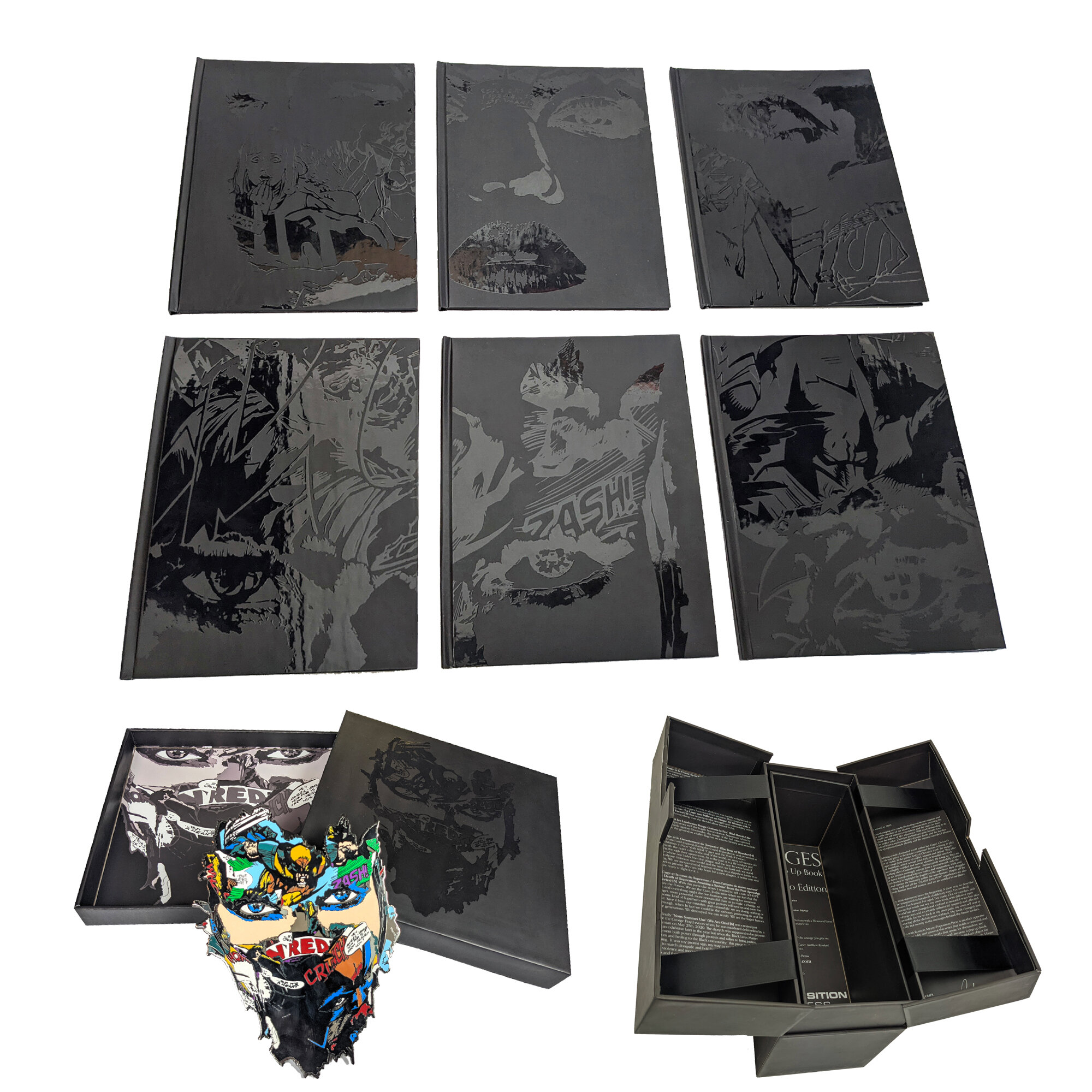 Cages Portfolio Edition showing six separately bound pop-up constructions, the presentation box and a displayed pop-up portrait.