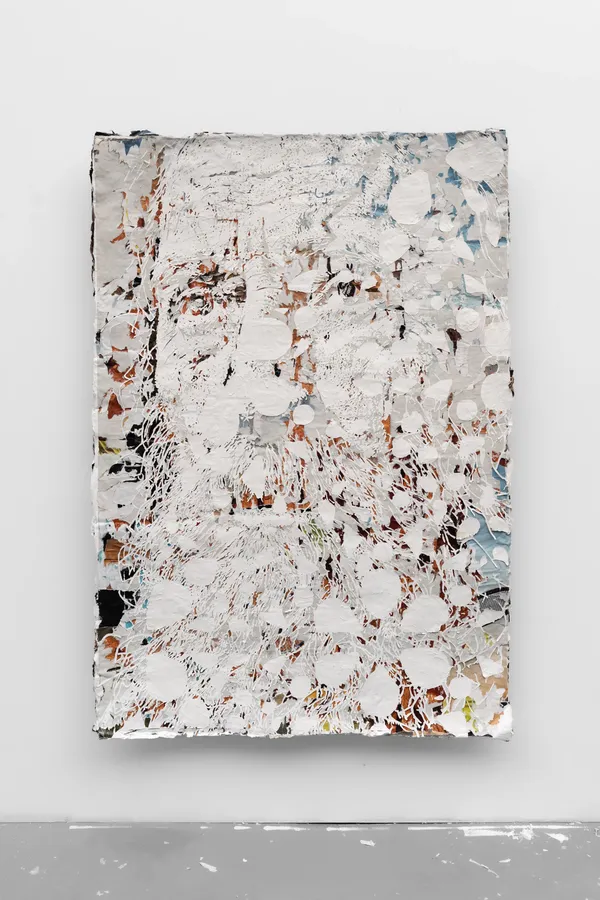 Density Series #18 (2026) by Vhils: Hand-carved advertising posters.