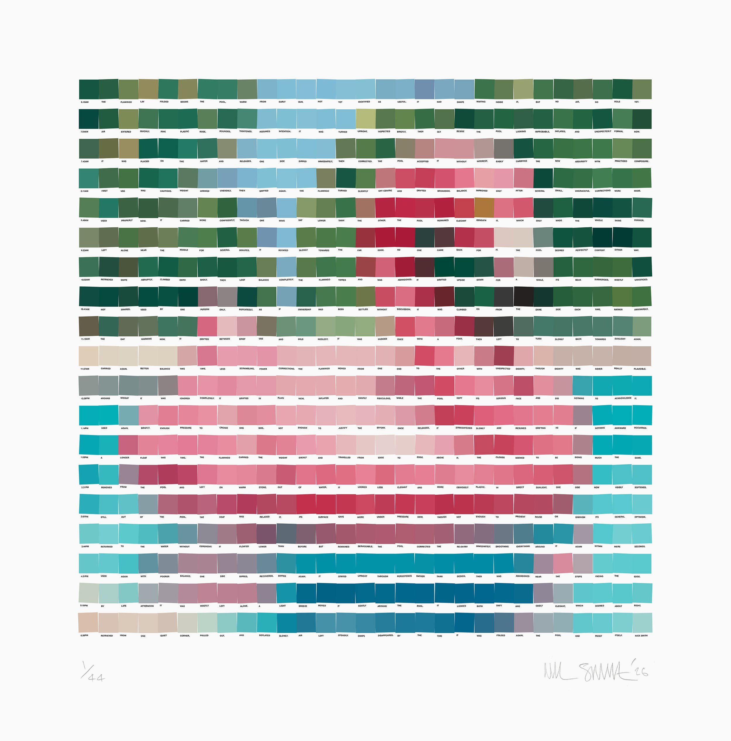 Nick Smith’s Paradise print with a pink flamingo formed from colour chips and text, signed and numbered 1/44.