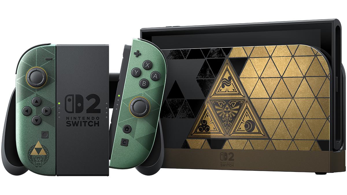 Zelda 40th Anniversary Switch 2 with green and gold Joy-Con 2 controllers and Triforce dock