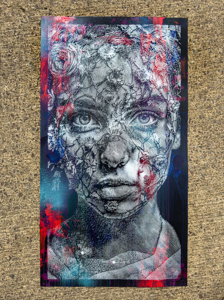 Artist-supplied photograph of FLOURISH Colour, a stencil-painted portrait on paper with pink and blue accents.
