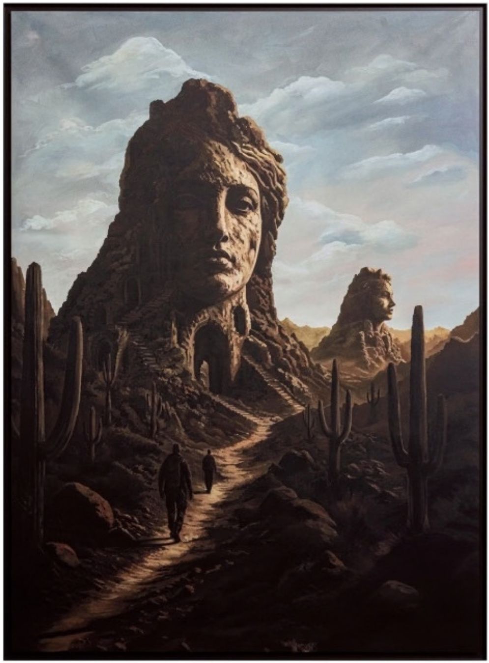 Daniel Arsham Canyons of the Unknown, framed vertical desert scene of eroded heads and a path.