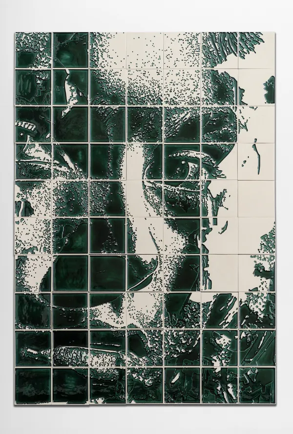Refract #06 (2026) by Vhils: Glazed embossed tiles.