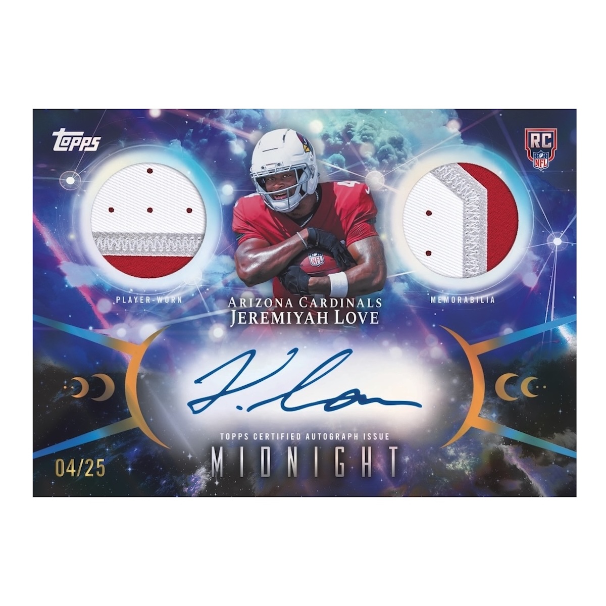Jeremiyah Love REM Relic Autographs Moonrise preview from 2026 Topps Midnight Football; sample card, not a guaranteed pull.