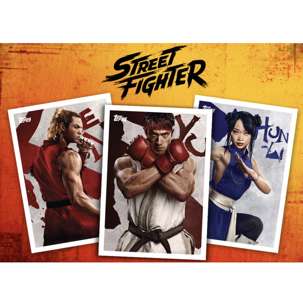 2026 Topps X Street Fighter preview cards showing Ken, Ryu and Chun-Li