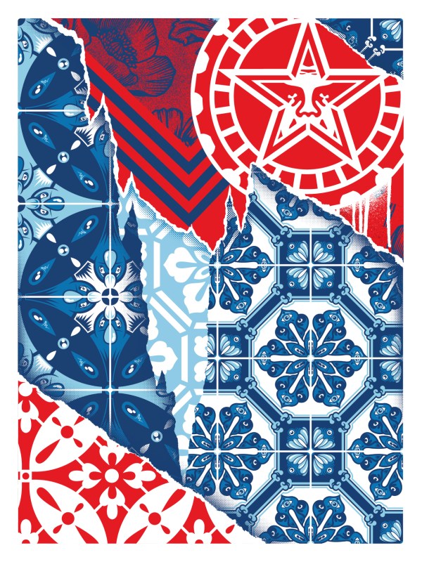 Frequency by Add Fuel and Shepard Fairey: red Obey star and blue patterned fields separated by white torn-edge effects.