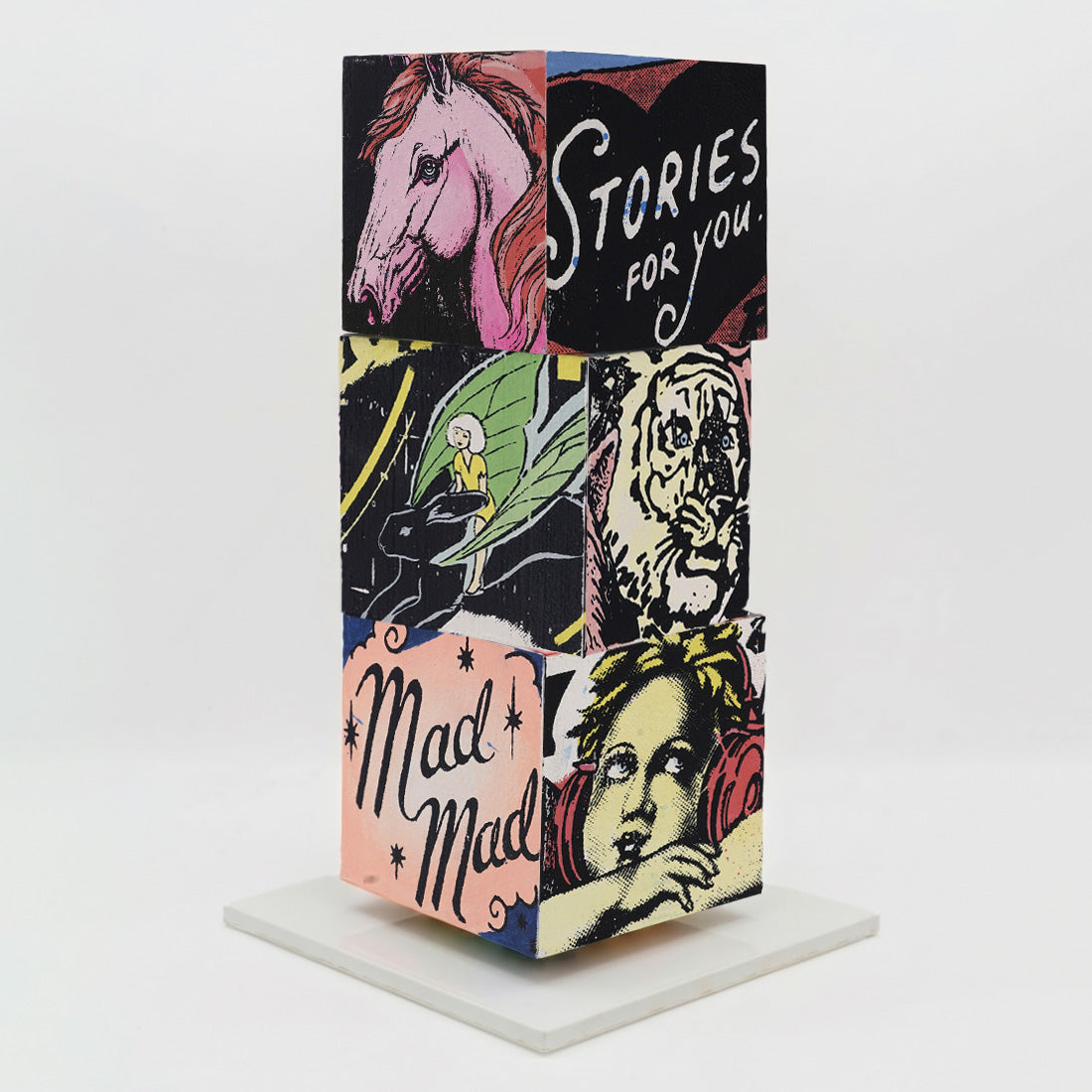 FAILE Mad For You: three silkscreened wooden cubes stacked on a white steel base.