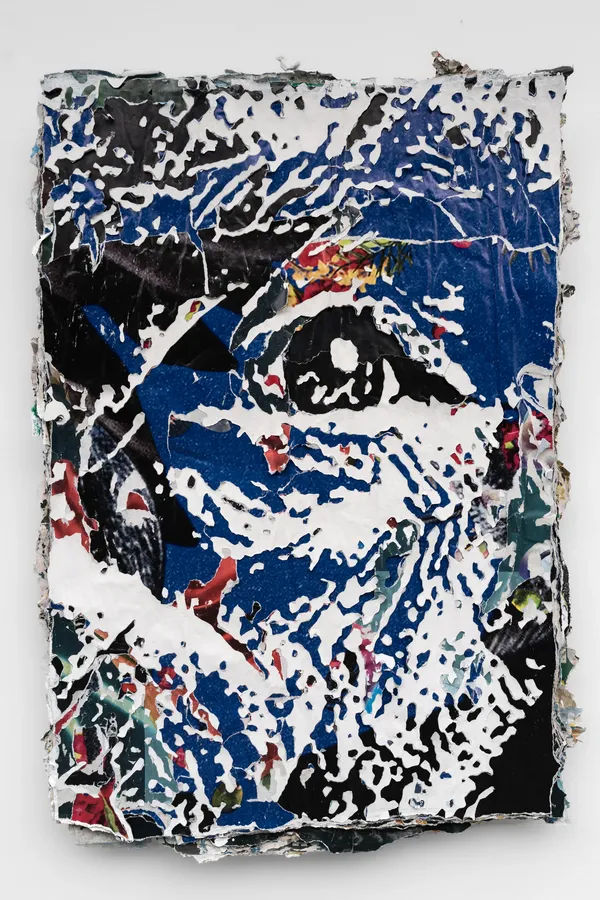 Ars Magna (2026) by Vhils: Hand-carved advertising posters.