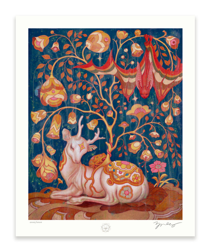 James Jean’s Deer IV print: a pale deer beneath orange foliage and an inverted red bat on a dark blue ground, with a white paper margin.