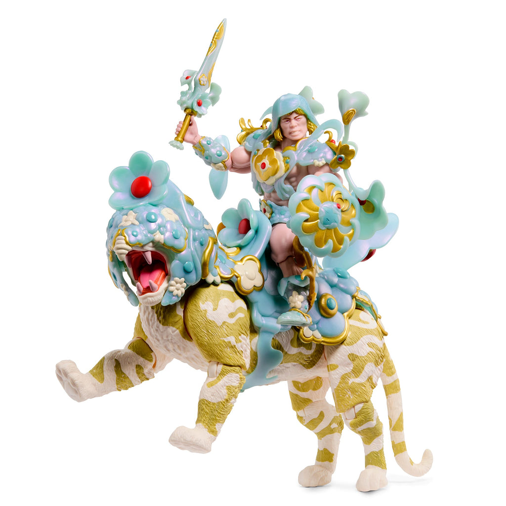 He-Man in pale floral armour riding a yellow-and-white Battle Cat.