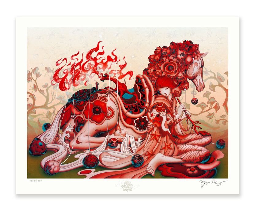 A red-clad musician playing a flute beside a reclining horse and burning tree in James Jean’s Year of the Horse print.