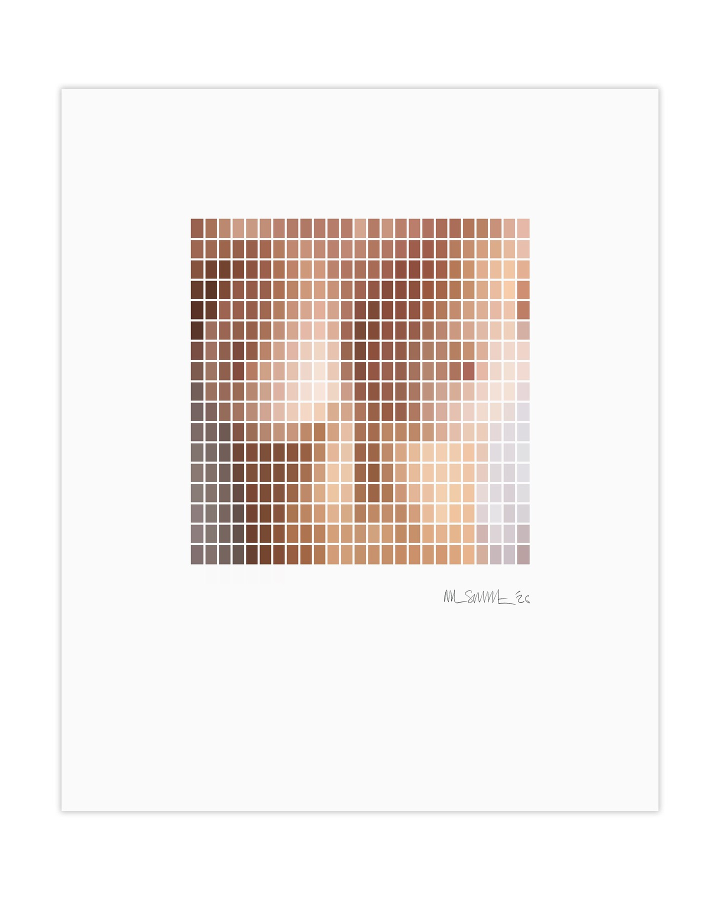 Warm-toned reclining figure formed by a compact grid of vertical colour chips, centred on a white sheet with a signature below.