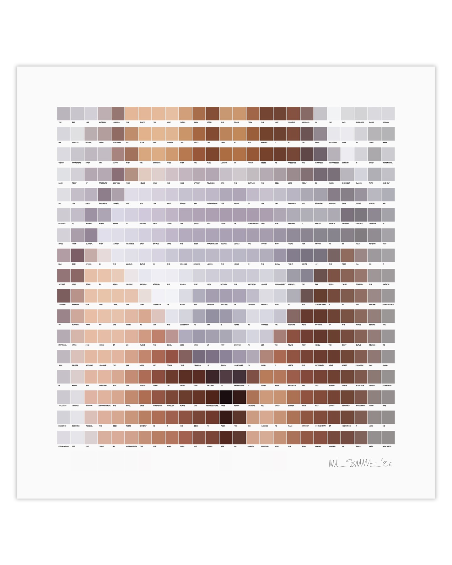Cool-toned turned-away reclining figure formed by spaced horizontal rows of colour chips with small text beneath them, on a signed white sheet.