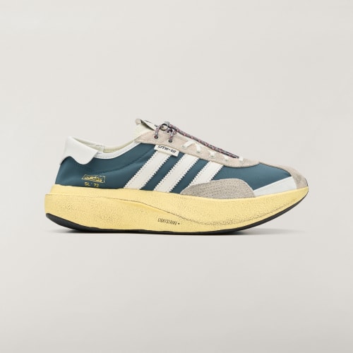 adidas SL 72 PRO SFTM HQ7603 in Wild Teal with Core White stripes and Easy Yellow midsole, side view.