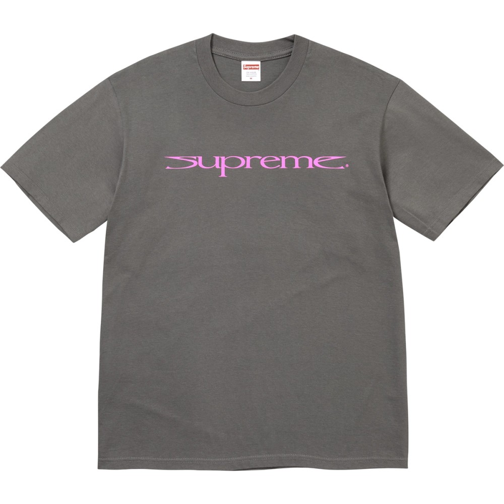 Supreme Sharp Tee, Fall 2026 exact preview, pictured Charcoal / pink wordmark.