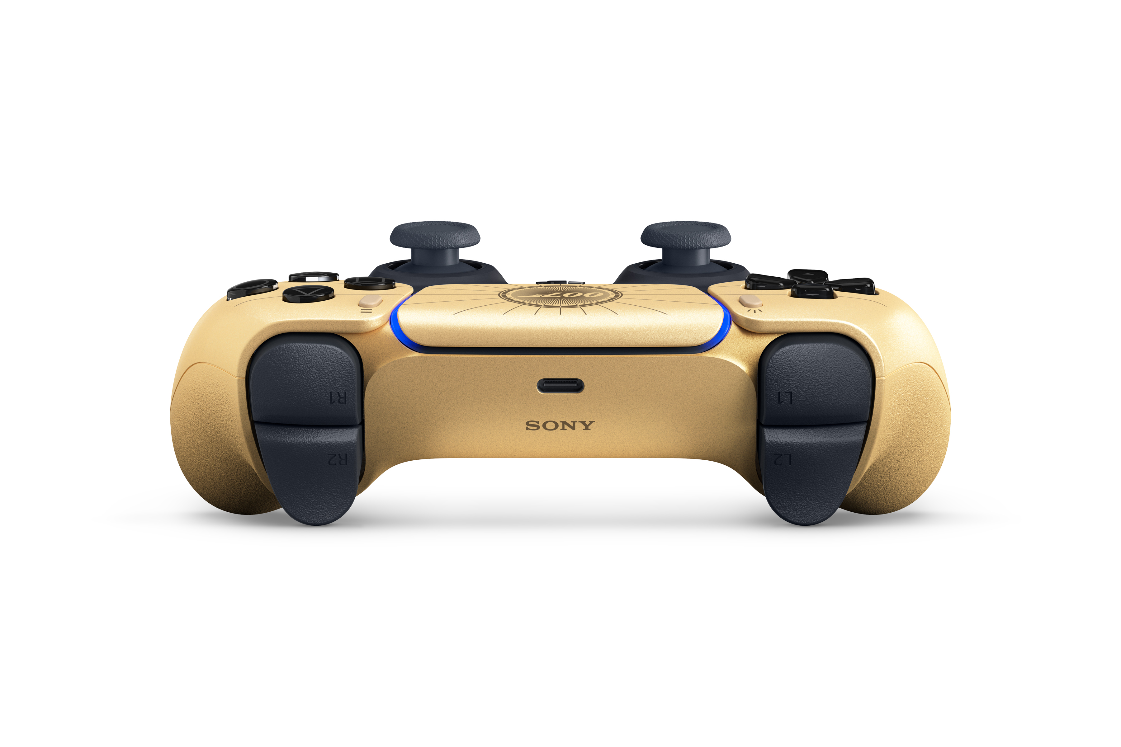 Gold 007 First Light Limited Edition DualSense controller, rear view with 007 touchpad artwork.
