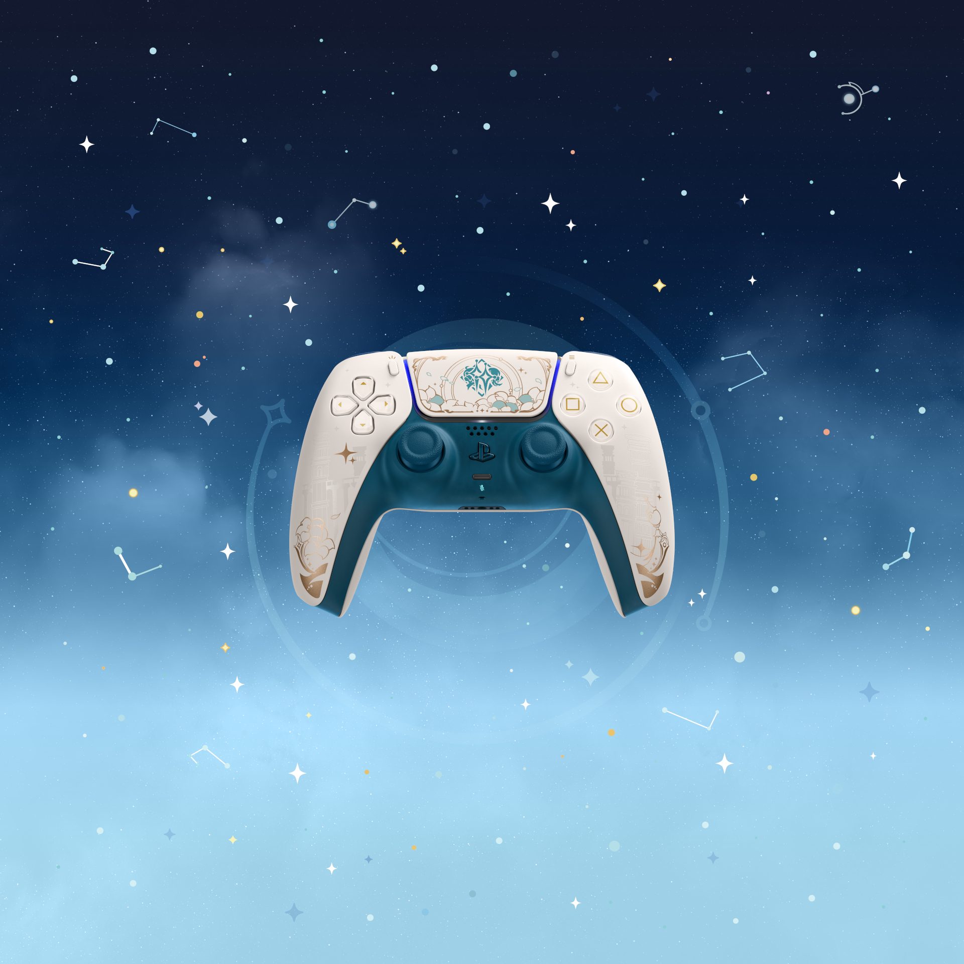 White, gold and green Genshin Impact DualSense controller with character-inspired markings