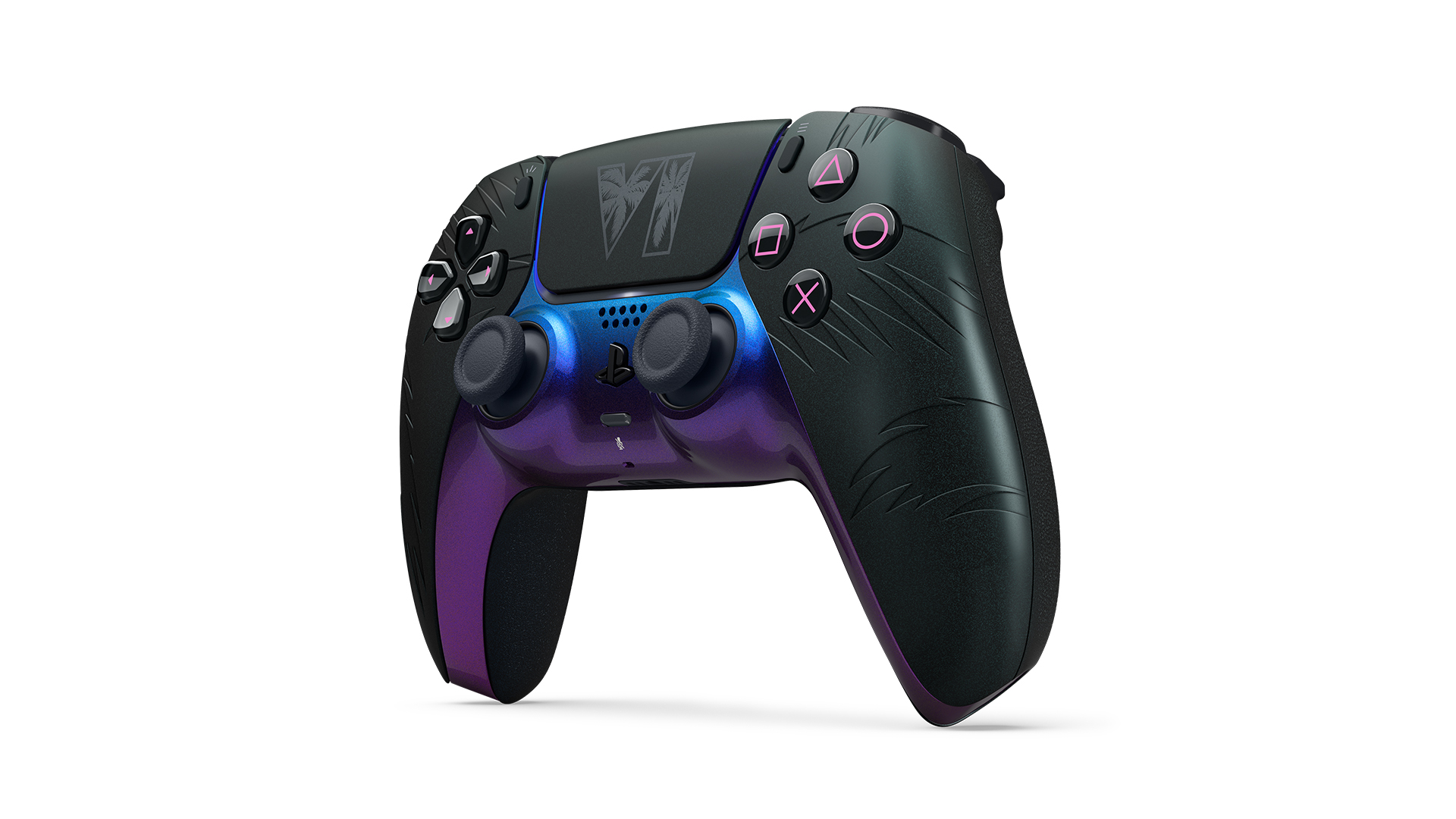 DualSense Grand Theft Auto VI Black Limited Edition controller, molded palm details and iridescent center