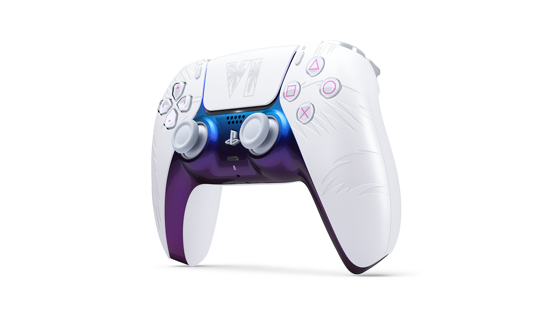 DualSense Grand Theft Auto VI White Limited Edition controller, molded palm details and iridescent center